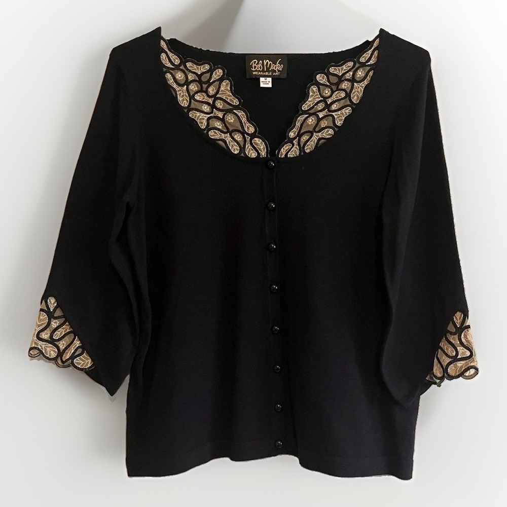 Bob Mackie Cardigan Sweater Womens Medium Black Beaded Lace 3/4 Sleeve